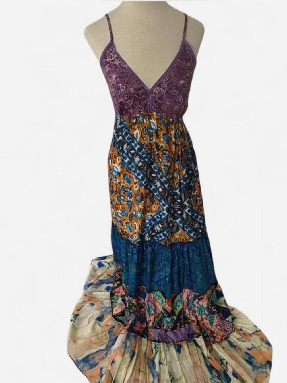 OS Karma Highway Boho V-Neck Maxi Dress in Purple & Blue Patchwork
